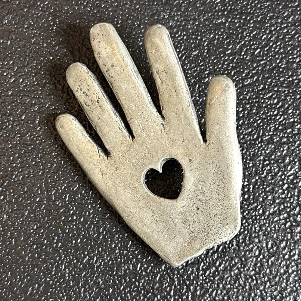 Vintage Pewter Hand Heart 1995 Signed Artisan Sculpted Brooch Silver​